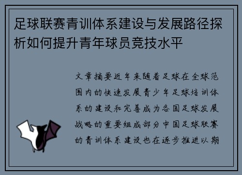足球联赛青训体系建设与发展路径探析如何提升青年球员竞技水平