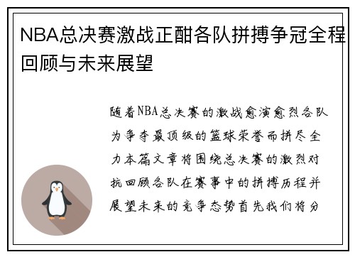 NBA总决赛激战正酣各队拼搏争冠全程回顾与未来展望