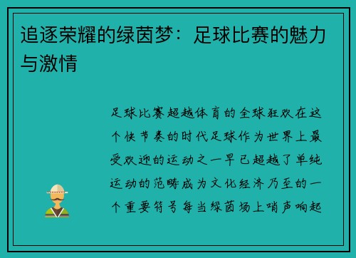 追逐荣耀的绿茵梦：足球比赛的魅力与激情