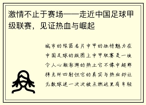 激情不止于赛场——走近中国足球甲级联赛，见证热血与崛起